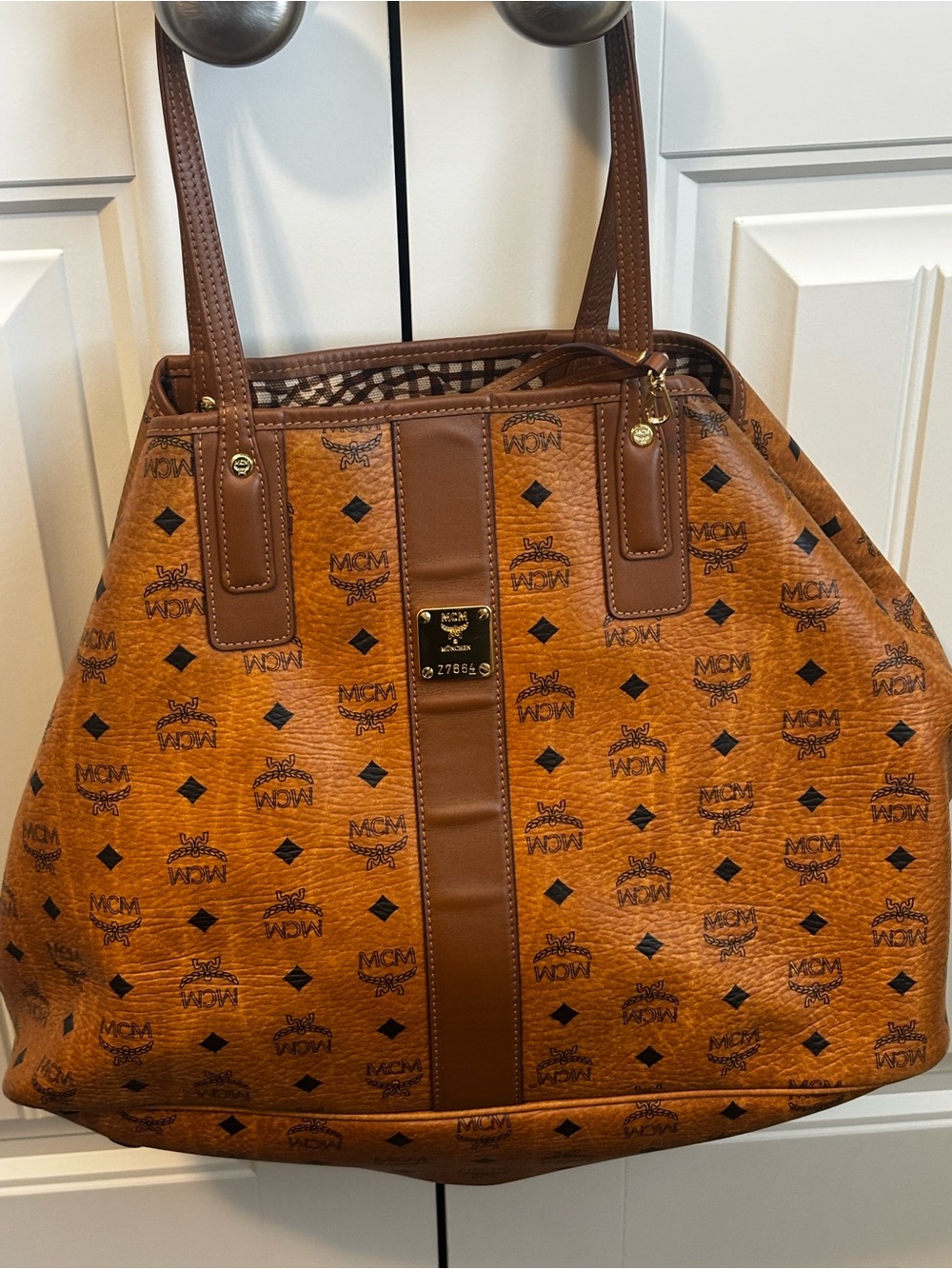 MCM Cognac Visetos Logo Tote Bag